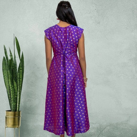 Purple Gold Silk Knee-Length Ethno-Chic Dress | Muvvas Boutique - Picture 5 of 5